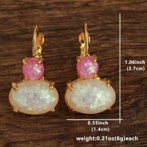 14k Gold Plated Pink & White Opal Stone Drop Earrings - Picture 5 of 5